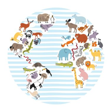 Hayvanlar aleminin haritası çocuklar için. Düz karalama tarzında sevimli vektör hayvanların olduğu bir poster. Dünyanın farklı kıtalarındaki vektör karakterler