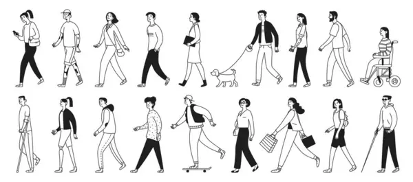 Bir grup insan yürüyor ve bir şeyler yapıyor. Çeşitlilik ve kapsama. Erkekler, kadınlar ve gençler, engelli insanlar. Çizim biçiminde izole edilmiş vektör illüstrasyonu