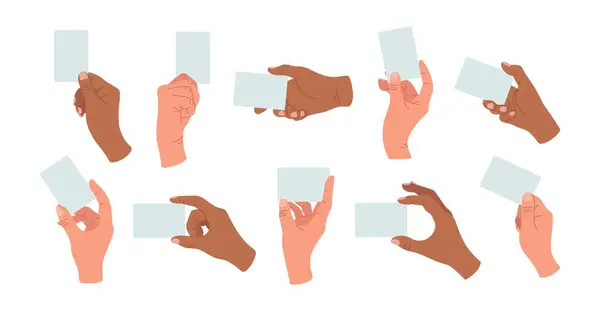 Değişkenlik ayarlandı. Siyah beyaz eller boş kart tutuyor. Çizgi film düz vektör çizimi beyaz üzerine izole edildi