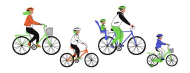 Üç çocuklu aile beyaz arka planda izole edilmiş bisiklete biniyor. Eko taşıma konsepti. Doğayı önemsemek. Spor. Vektör düz çizgi çizimi çizimi