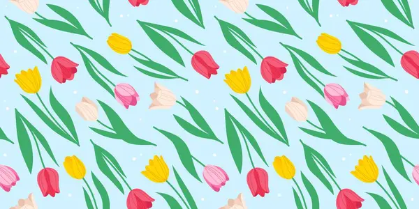 Kusursuz desenli, el yapımı renkli lalelerin arka planı. Karalama tarzında çiçekler. Işık arkaplanı üzerindeki trend vektör botanik illüstrasyonu