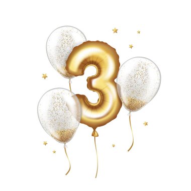 Altın folyodan yapılmış lateks helyum balonu ve konfetili şeffaf balonlar. Üç numara. Tatil ve doğum günü için gerçekçi vektör çizimi