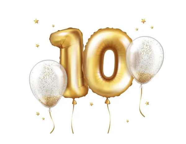 Altın folyodan yapılmış lateks helyum balonları ve konfetili şeffaf balonlar. On numara. Doğum günü için Jübile Gerçekçi vektör çizimi