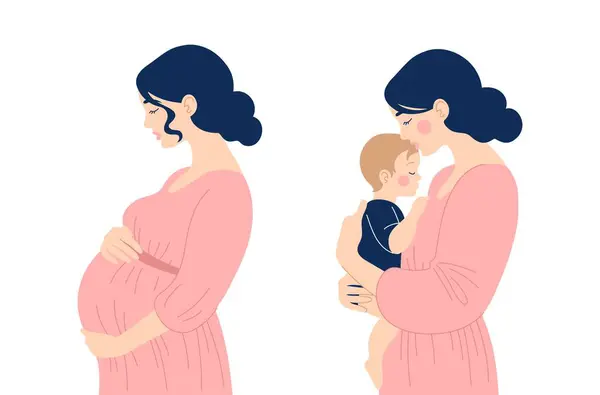 Hamilelik ve annelik kavramı. Güzel hamile kadın ve annesi kollarında bebekle yan yana duruyorlar. Vektör illüstrasyonu
