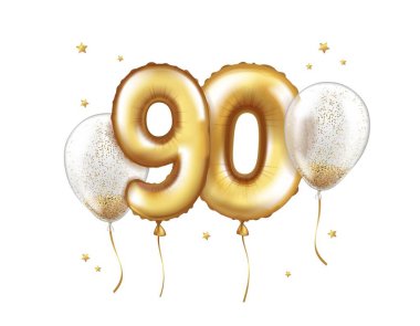 Altın folyodan yapılmış lateks helyum balonları ve konfetili şeffaf balonlar. Doksan numara. Doğum günü için yıldönümü Gerçekçi vektör çizelgesi