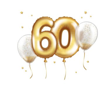 Altın folyodan yapılmış lateks helyum balonları ve konfetili şeffaf balonlar. Altmış numara. Doğum günü için yıldönümü Gerçekçi vektör çizelgesi