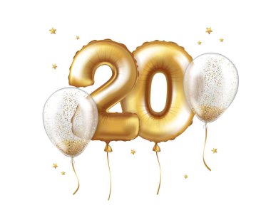 Altın folyodan yapılmış lateks helyum balonları ve konfetili şeffaf balonlar. 20 numara. Doğum günü için yıldönümü Gerçekçi vektör çizelgesi