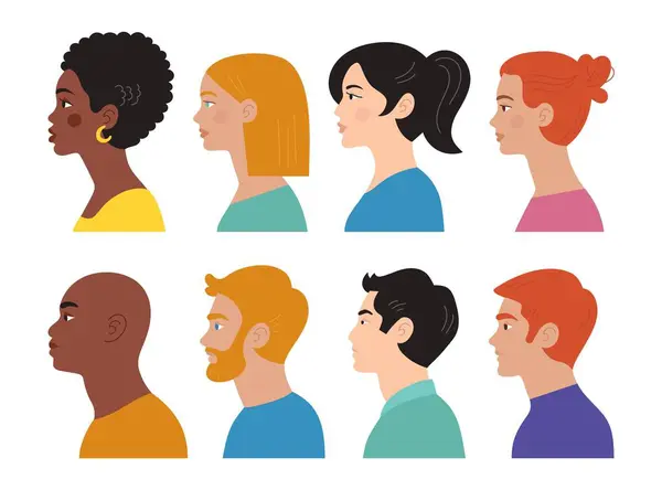 Çeşitli uluslararası kafalar, kadın ve erkeklerin büstleri. Asyalı, siyah, Avrupalı. Vektör düz izole illüstrasyon