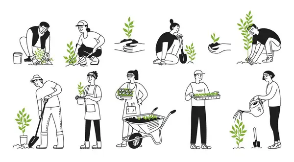 Bahçede çalışan, bitki eken, çiçeklerle, ağaçlarla ilgilenen bir grup insan. Bahçıvanlık, çiftlik, park. Çevre ekibi. Vektör karalama çizimi