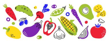 Sebzeler el yapımı karalama seti. Dilimlenmiş ve bütün. Taze vejetaryen sağlıklı yiyecekler. El çizimi vektör