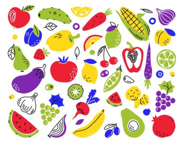 Sebzeler el yapımı karalama seti. Dilimlenmiş ve bütün. Taze vejetaryen sağlıklı yiyecekler. El çizimi vektör