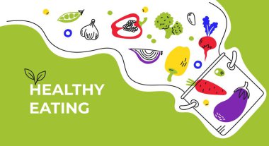 Sağlıklı yemek afişi. Sağlıklı yemekler, sebzeler. Vejetaryen diyeti. Yemek pişirmek. Vektör karalama çizimi