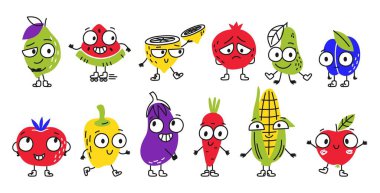 Tatlı karalama meyveleri ve sebze karakterleri. Komik set. Vektör izole illüstrasyonu