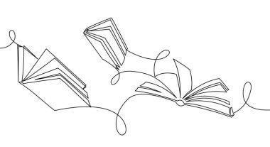 Uçan kitapların ardı arkası kesilmeyen bir afişi. Eğitim ve bilgi kütüphanesi kavramı basit bir çizgi tarzında. Doodle vektör illüstrasyonu