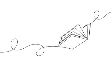 Devamlı bir çizgi afişi açık bir uçuş kitabı. Eğitim ve bilgi kütüphanesi kavramı basit bir çizgi tarzında. Doodle vektör illüstrasyonu