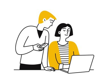 Kadın ve erkek dizüstü bilgisayar kullanıyor, proje üzerinde çalışıyor. İş konsepti. Dijital teknoloji. Vektör izole karalama çizimi, basit biçim, özet