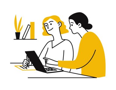 İki kadın dizüstü bilgisayar kullanıyor, proje üzerinde çalışıyorlar. Dijital teknoloji. Vektör izole karalama çizimi, basit biçim, çizgi sanatı, özet