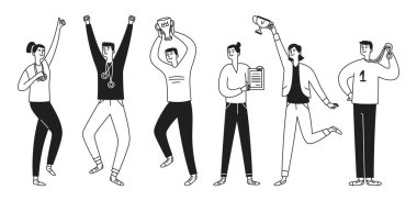 Şampiyon kupası, madalyası ve sertifikası olan bir grup neşeli genç. Zaferi kutlayan ve sevinen bir grup kadın ve erkek. Kazananlar. Vektör izole karalama çizimi