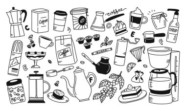 Kahveler, böğürtlenler, kahve çekirdekleri, şekerler. Nesneler grubu. El çizimi doğrusal vektör izole çizimi