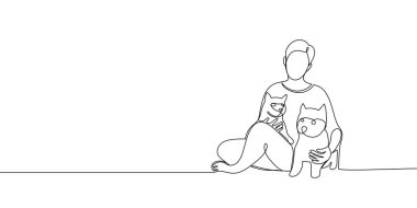 Devamlı pankart, evcil hayvanlarıyla hanımefendi. Hayvanlar, köpekler ve kediler. İlgi ve sevgi. Vektör çizgisi