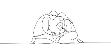 Devamlı çizgi bayrağı, dua. Aile, erkek, kadın ve çocuk birlikte diz çöküp dua ediyorlar. Hristiyan konsepti Vektör illüstrasyon çizimi