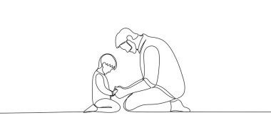 Devamlı çizgi bayrağı, dua. Adam ve çocuk birlikte diz çöküp dua ediyorlar. Hristiyan konsepti Vektör illüstrasyon çizimi