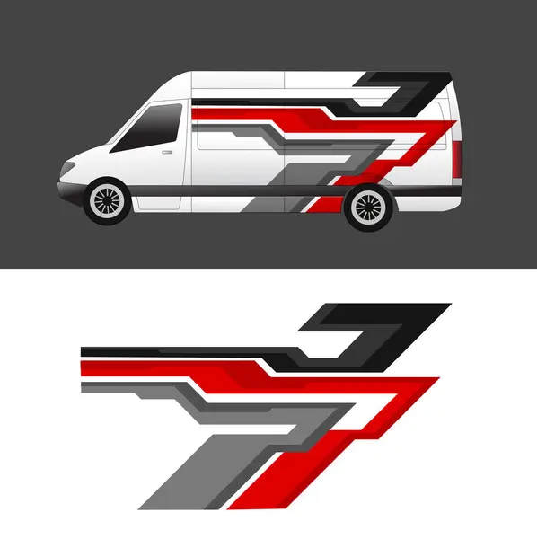 Kırmızı siyah çizgili minibüs ambalajı tasarımı ve şirket filosu için marka. Ticari araç reklam kampanyaları için uygun.