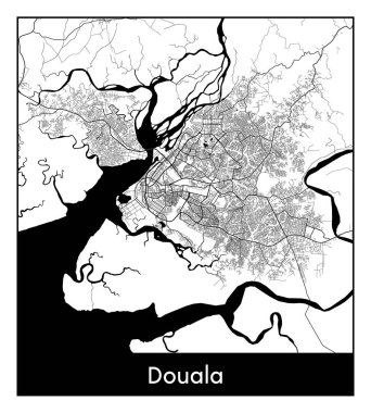 Douala Kamerun Afrika Şehri haritası siyah beyaz vektör illüstrasyonu