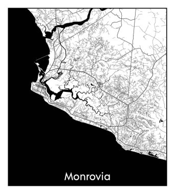 Monrovia Liberya Afrika Şehri haritası siyah beyaz vektör illüstrasyonu