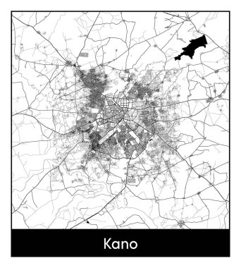 Kano Nijerya Afrika Şehri haritası siyah beyaz vektör illüstrasyonu