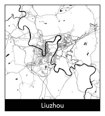 Liuzhou Çin Asya Şehri haritası siyah beyaz vektör illüstrasyonu