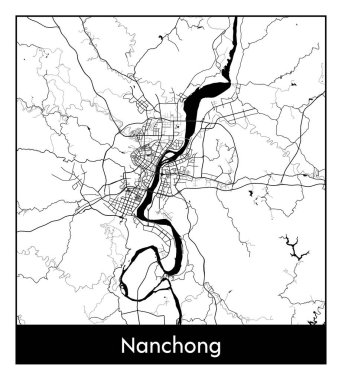 Nanchong Çin Asya Şehri haritası siyah beyaz vektör illüstrasyonu