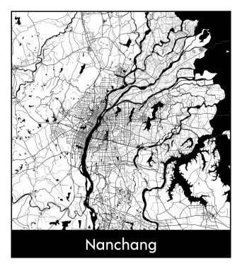 Nanchang Çin Asya Şehri haritası siyah beyaz vektör illüstrasyonu
