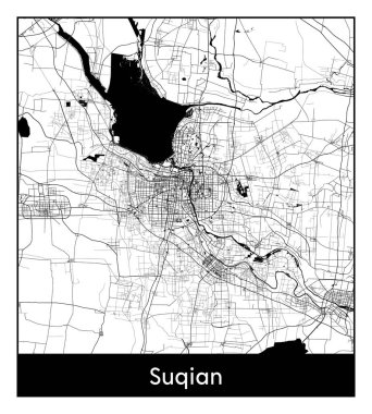 Suqian Çin Asya Şehri haritası siyah beyaz vektör illüstrasyonu