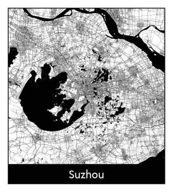 Suzhou Çin Asya Şehri haritası siyah beyaz vektör illüstrasyonu