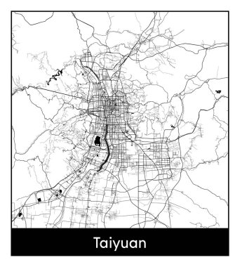 Taiyuan Çin Asya Şehri haritası siyah beyaz vektör illüstrasyonu