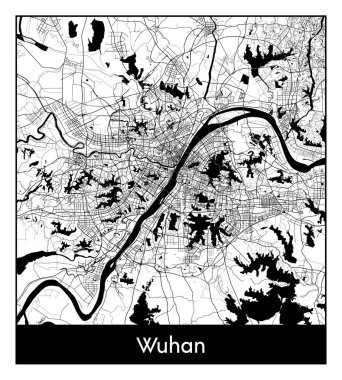 Wuhan Çin Asya Şehri haritası siyah beyaz vektör illüstrasyonu