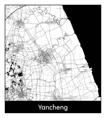 Yancheng Çin Asya Şehri haritası siyah beyaz vektör illüstrasyonu