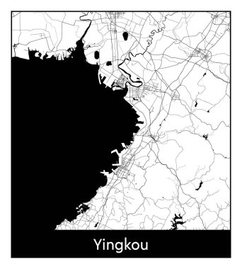 Yingkou Çin Asya Şehri haritası siyah beyaz vektör illüstrasyonu