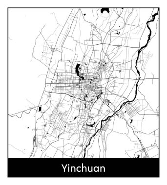 Yinchuan Çin Asya Şehri haritası siyah beyaz vektör illüstrasyonu