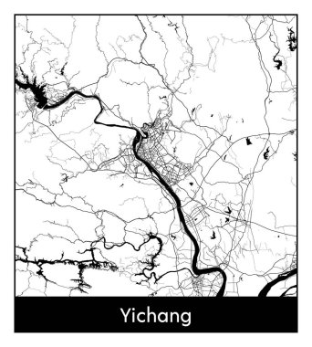 Yichang Çin Asya Şehri haritası siyah beyaz vektör illüstrasyonu