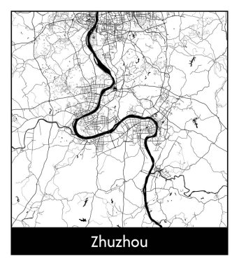 Zhuzhou Çin Asya Şehri haritası siyah beyaz vektör illüstrasyonu