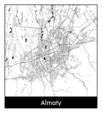 Almaty Kazakistan Asya Şehri haritası siyah beyaz vektör illüstrasyonu