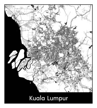 Kuala Lumpur Malezya Asya Şehri haritası siyah beyaz vektör illüstrasyonu