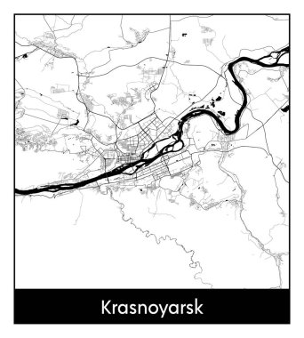 Krasnoyarsk Rusya Asya Şehri haritası siyah beyaz vektör illüstrasyonu