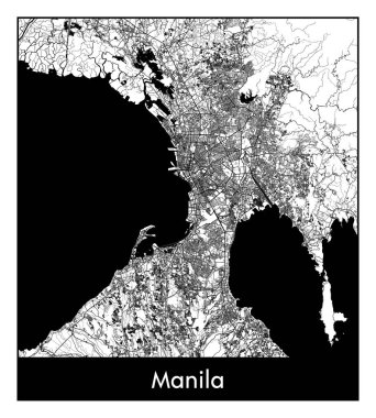 Manila Filipinler Asya Şehri haritası siyah beyaz vektör illüstrasyonu