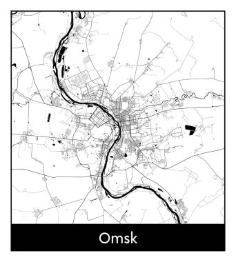 Omsk Rusya Asya Şehri haritası siyah beyaz vektör illüstrasyonu