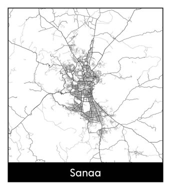 Sanaa Yemen Asya Şehri haritası siyah beyaz vektör illüstrasyonu