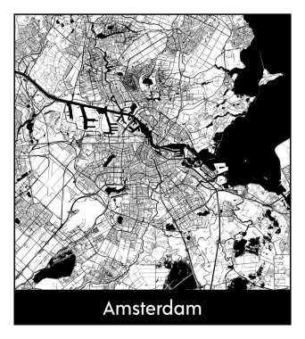 Amsterdam Hollanda Avrupa Şehri haritası siyah beyaz vektör illüstrasyonu