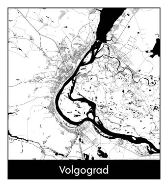 Volgograd Rusya Avrupa Şehri haritası siyah beyaz vektör illüstrasyonu